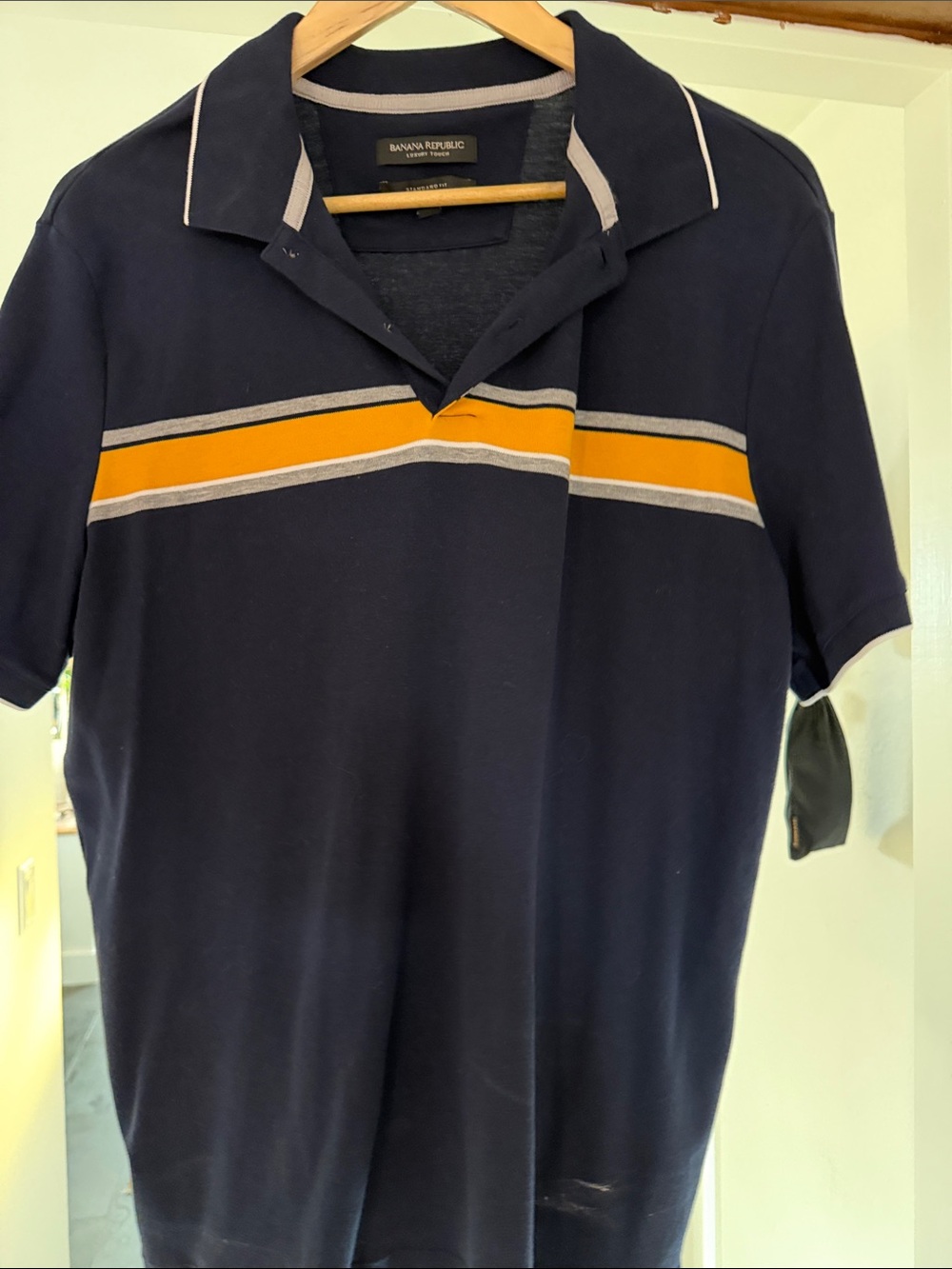 Banana Republic Navy Polo with Gold and Gray Chest Stripe